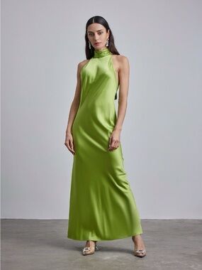 Silk Maison Lime Halter Cocktail Silk Maxi Dress Size XS